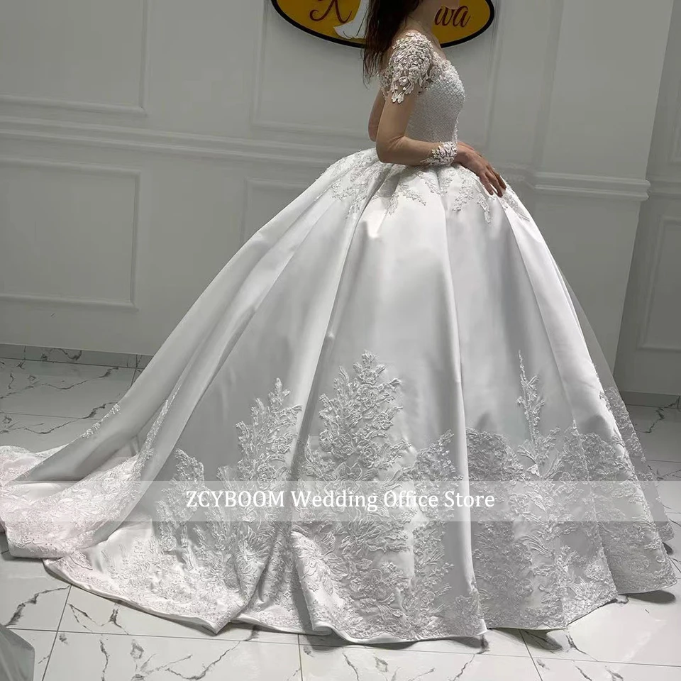 Customized Satin Ball Gown Long Sleeves Wedding Dress 2026 Princess Lace Appliques Pearl Beaded Bride Gown Vestido De Novia
