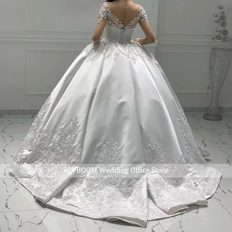 Customized Satin Ball Gown Long Sleeves Wedding Dress 2026 Princess Lace Appliques Pearl Beaded Bride Gown Vestido De Novia