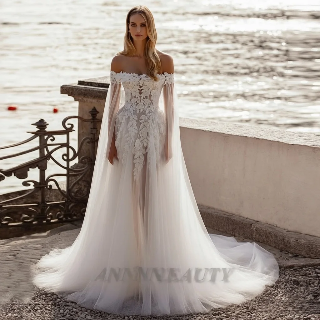 Anna Attractive Slit Wedding Dress Bridal with Cape Strapless Zipper A-line Tulle Pleats Beach Gowns Vestidos Customised