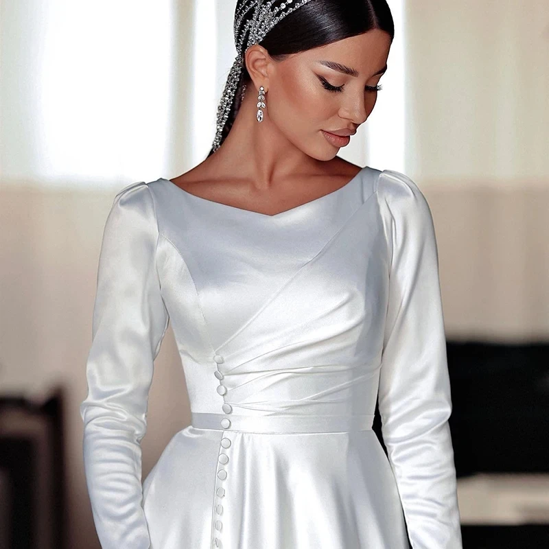 White A-Line Wedding Dresses Formal Long Sleeves Evening Dress Boho Beach Button Satin Wedding Prom Gowns Customized