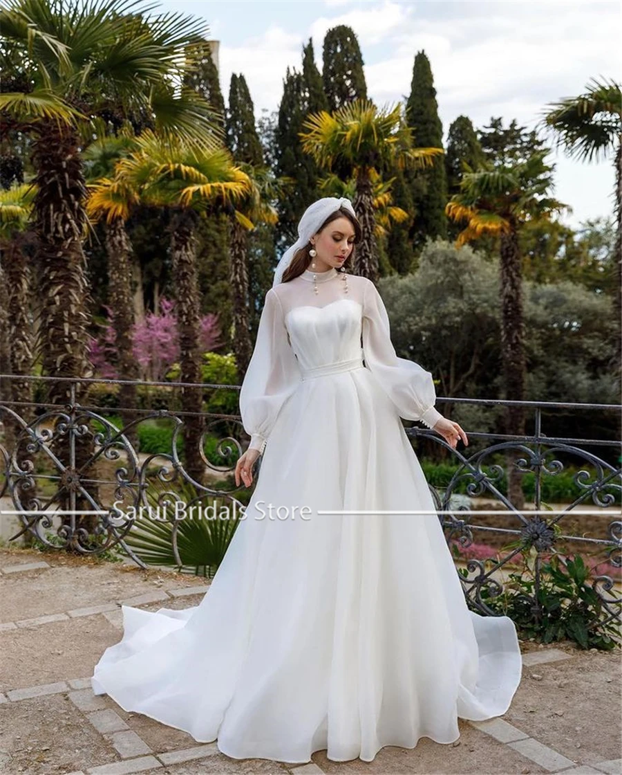 Customized High Neck Two Pieces Long Sleeves Wedding Dress with Belt Fashion Style Long Organza Bridal Dress Vestido Longo