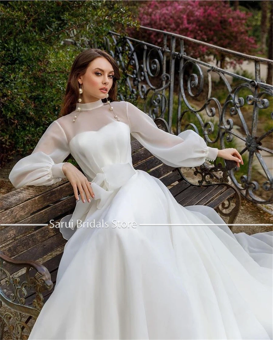 Customized High Neck Two Pieces Long Sleeves Wedding Dress with Belt Fashion Style Long Organza Bridal Dress Vestido Longo