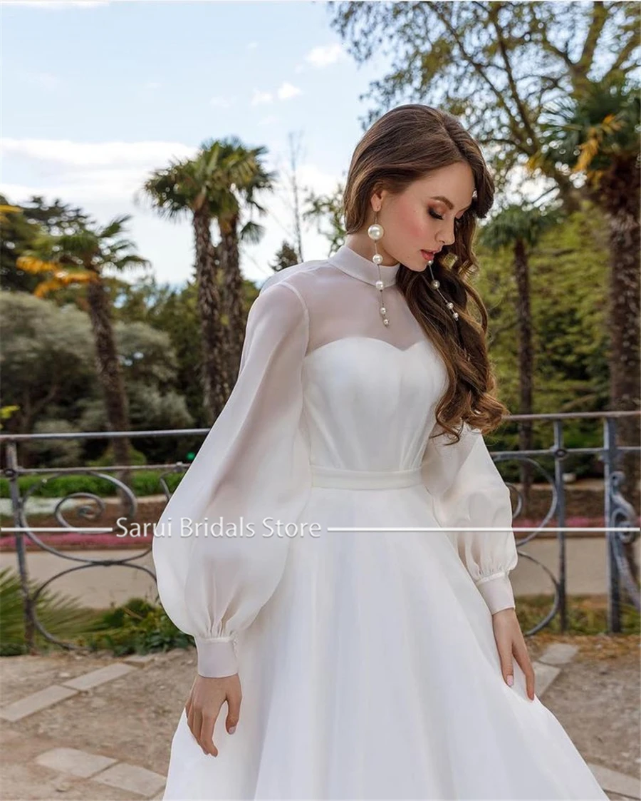 Customized High Neck Two Pieces Long Sleeves Wedding Dress with Belt Fashion Style Long Organza Bridal Dress Vestido Longo
