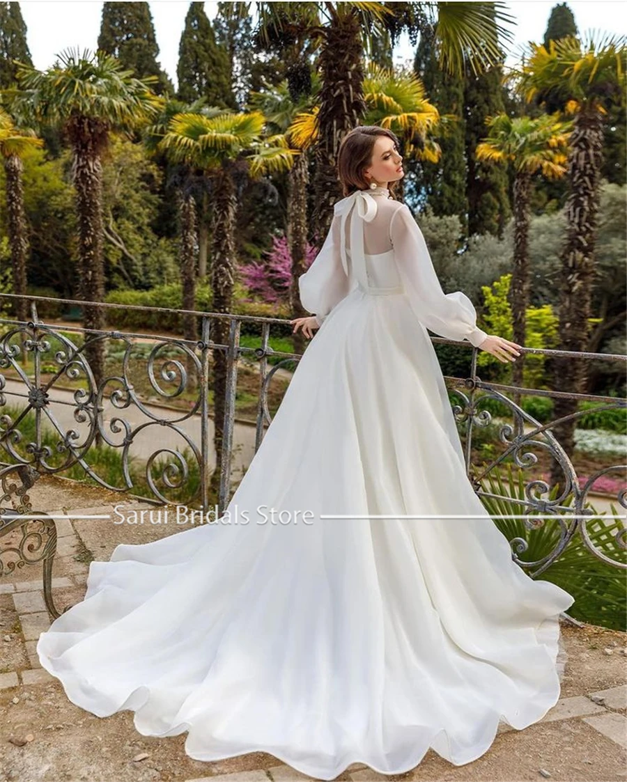 Customized High Neck Two Pieces Long Sleeves Wedding Dress with Belt Fashion Style Long Organza Bridal Dress Vestido Longo