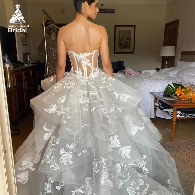 Aurora Customized Wedding Dresses Elegant Sweetheart Neck Sleeveless Flower Zip Bridal Gowns White A-Line Tulle Wedding Gowns