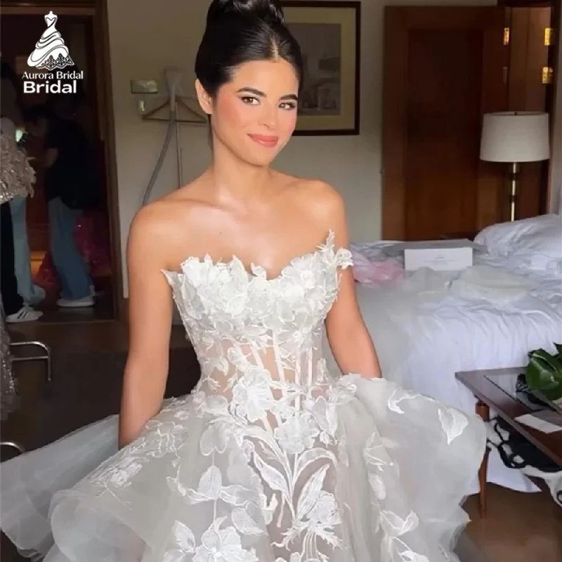 Aurora Customized Wedding Dresses Elegant Sweetheart Neck Sleeveless Flower Zip Bridal Gowns White A-Line Tulle Wedding Gowns
