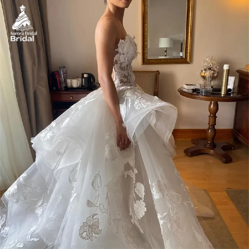 Aurora Customized Wedding Dresses Elegant Sweetheart Neck Sleeveless Flower Zip Bridal Gowns White A-Line Tulle Wedding Gowns