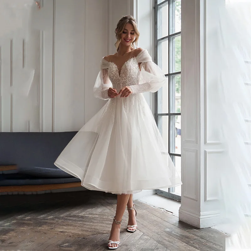 Sheer Illusio Off The Shoulder Lace Applique Tea Length Short Wedding Dresses With Detachable Puff Sleeves Button Back Robe De
