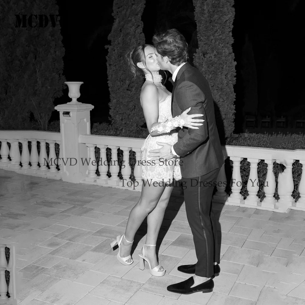 Civil Wedding Dresses 2026 Strapless Bridal Mini Dress Appliques Straight Lace Backless Short Vestido De Novia Corto Customized