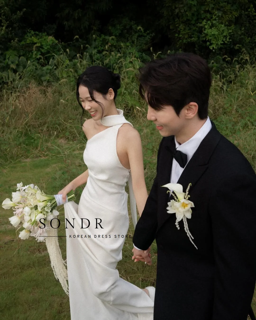Sondr One Shoulder Backless Korean Wedding Snap Dresses Outdoor Simple Bridal Gown Customized Elegant Bridal Photo Shoot Gown