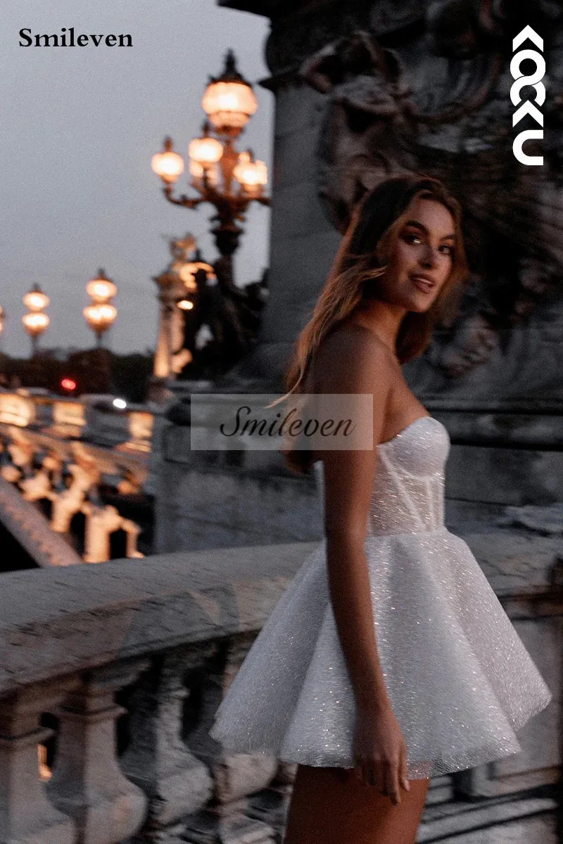 Smileven Short Wedding Dress A Line Sweetheart Neck Shiny Glitter Bride Dresses Mini Sweetheart Neck Vestido de novia Customized