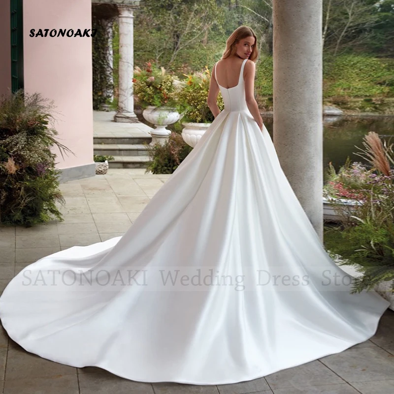 Customized Elegant Simple Square Collar Satin Wedding Dress for Women A-Line Backless Bride Gown with Pockets Vestidos De Novia