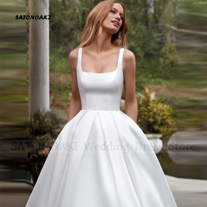 Customized Elegant Simple Square Collar Satin Wedding Dress for Women A-Line Backless Bride Gown with Pockets Vestidos De Novia