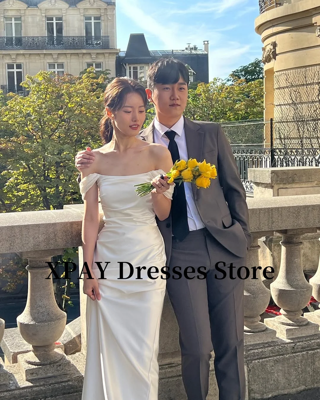 XPAY Elegant Off Shoulder Wedding Receipt Dresses Korea Photo Shoot Silk Satin Floor Bridal Gowns Corset Back Simple Customized