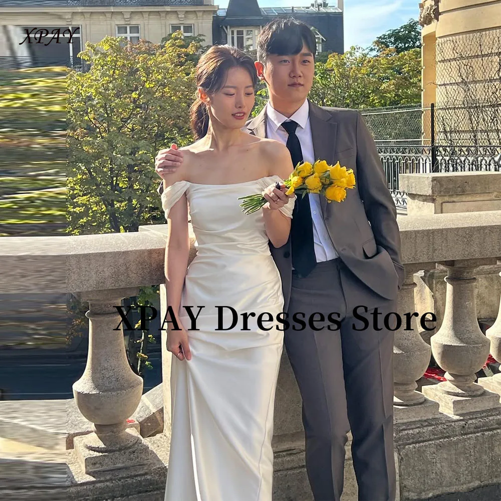 XPAY Elegant Off Shoulder Wedding Receipt Dresses Korea Photo Shoot Silk Satin Floor Bridal Gowns Corset Back Simple Customized
