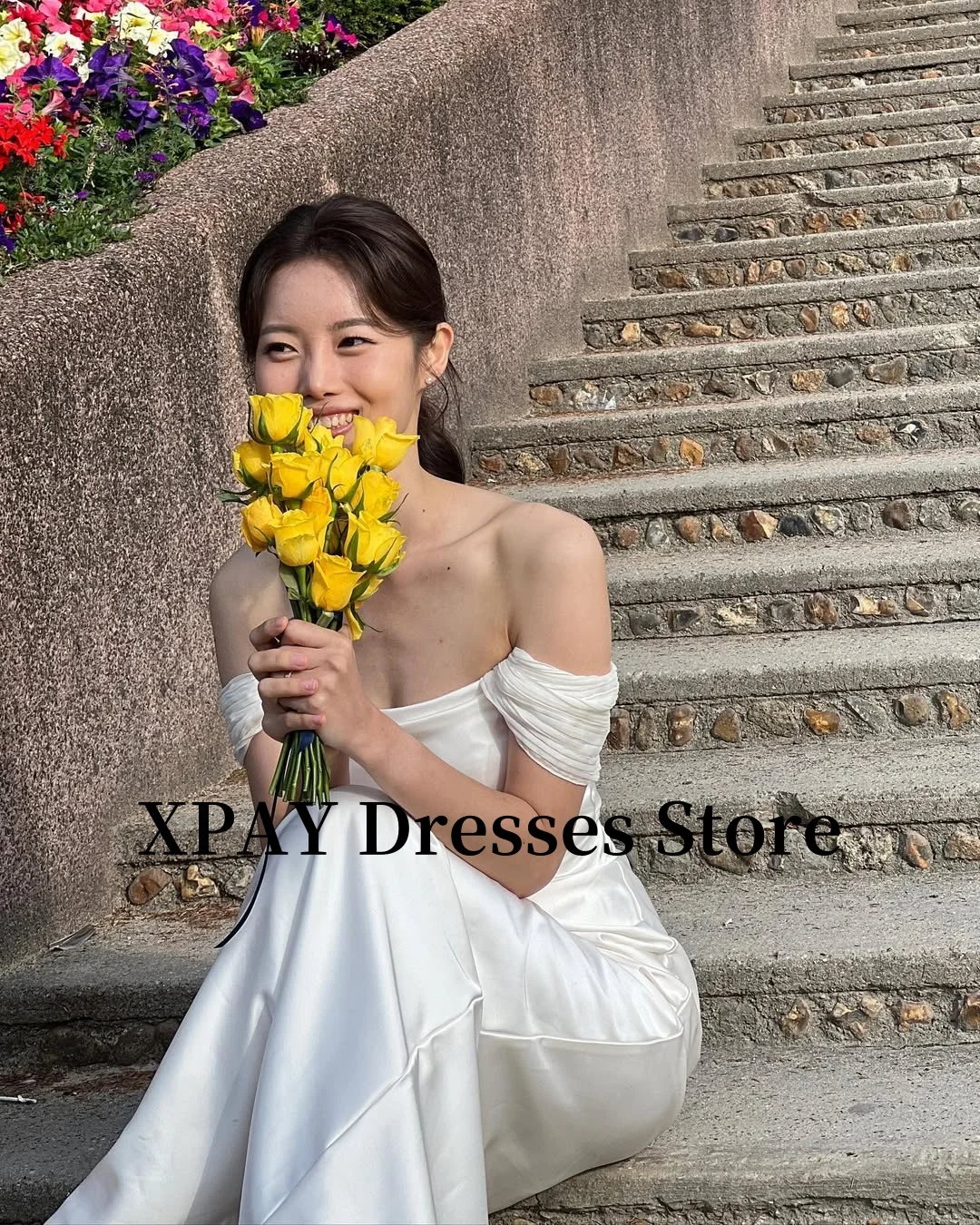 XPAY Elegant Off Shoulder Wedding Receipt Dresses Korea Photo Shoot Silk Satin Floor Bridal Gowns Corset Back Simple Customized