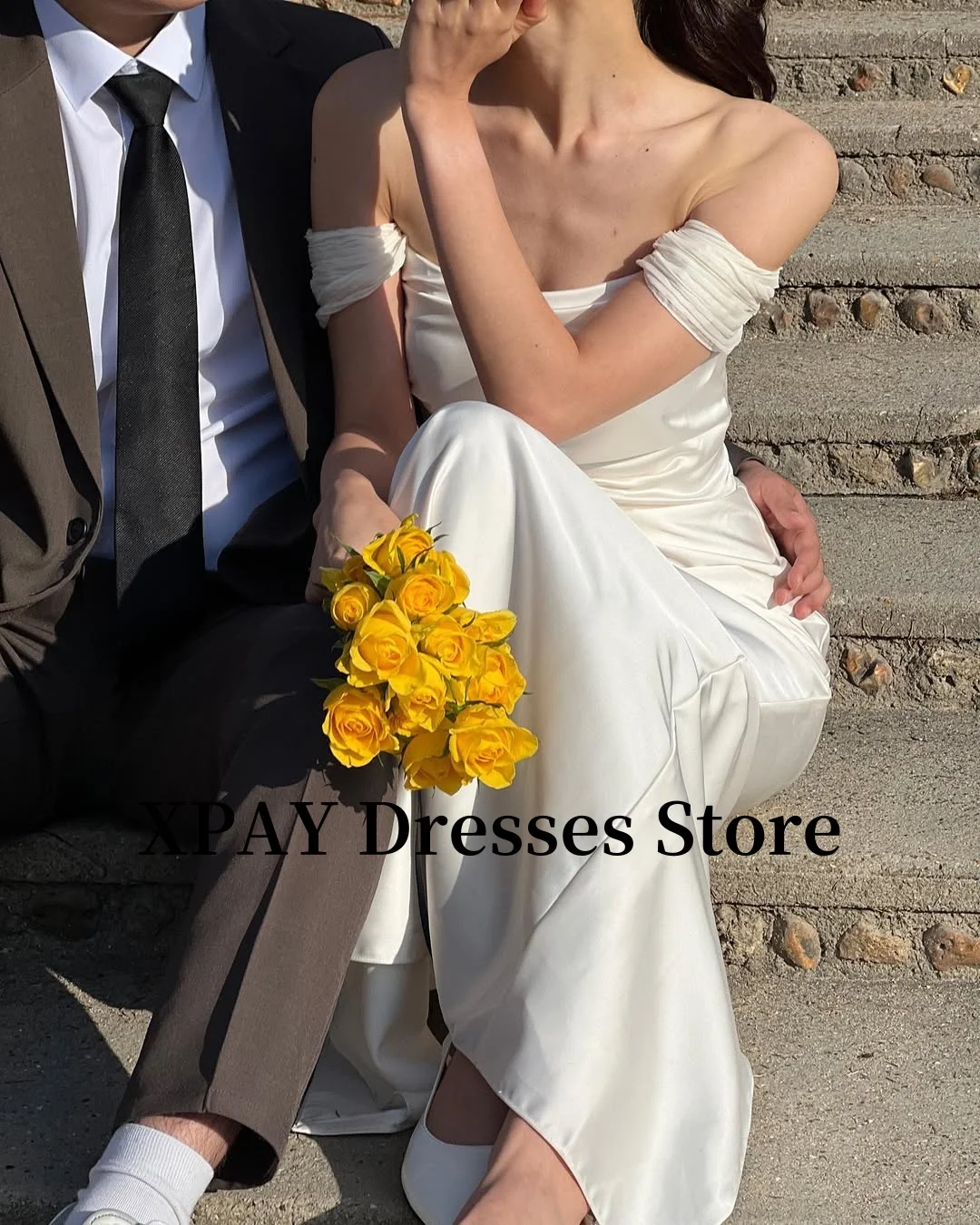 XPAY Elegant Off Shoulder Wedding Receipt Dresses Korea Photo Shoot Silk Satin Floor Bridal Gowns Corset Back Simple Customized