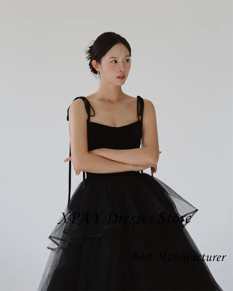 XPAY Princess Black Tiered Wedding Dresses Korea Photo shoot Spaghetti Straps Layered Evening Gowns Corset Back Customized