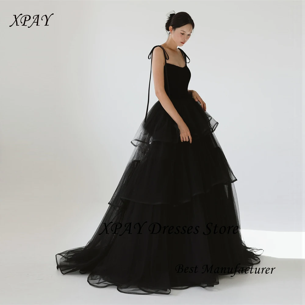 XPAY Princess Black Tiered Wedding Dresses Korea Photo shoot Spaghetti Straps Layered Evening Gowns Corset Back Customized