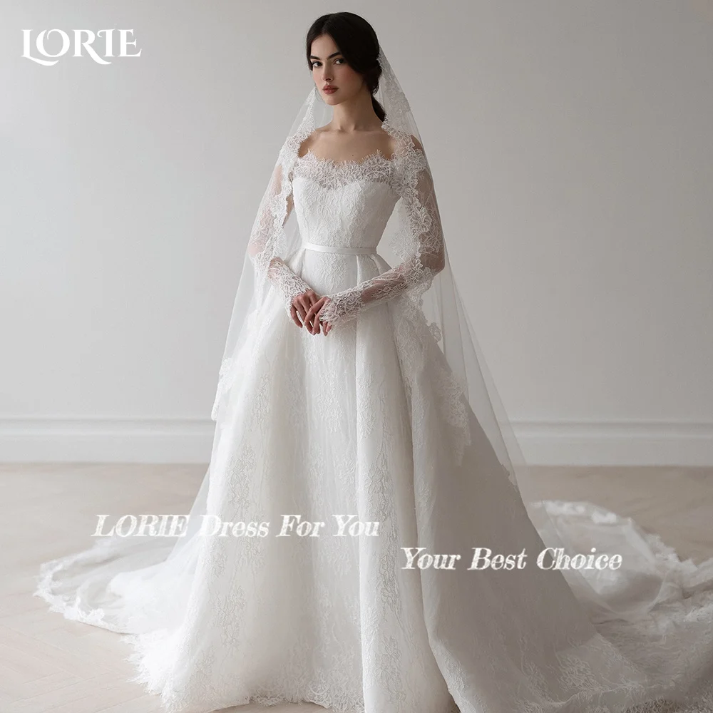 LORIE Boho Wedding Dress Off Shoulder Long Sleeve Lace Beach Princess Button Bridal GownCustomized A-Line Bohemian Bride Dresses
