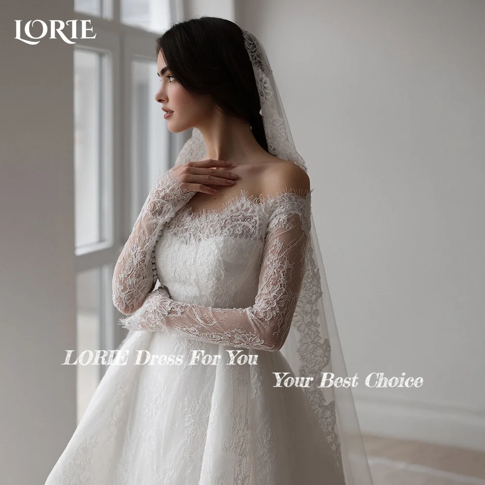 LORIE Boho Wedding Dress Off Shoulder Long Sleeve Lace Beach Princess Button Bridal GownCustomized A-Line Bohemian Bride Dresses
