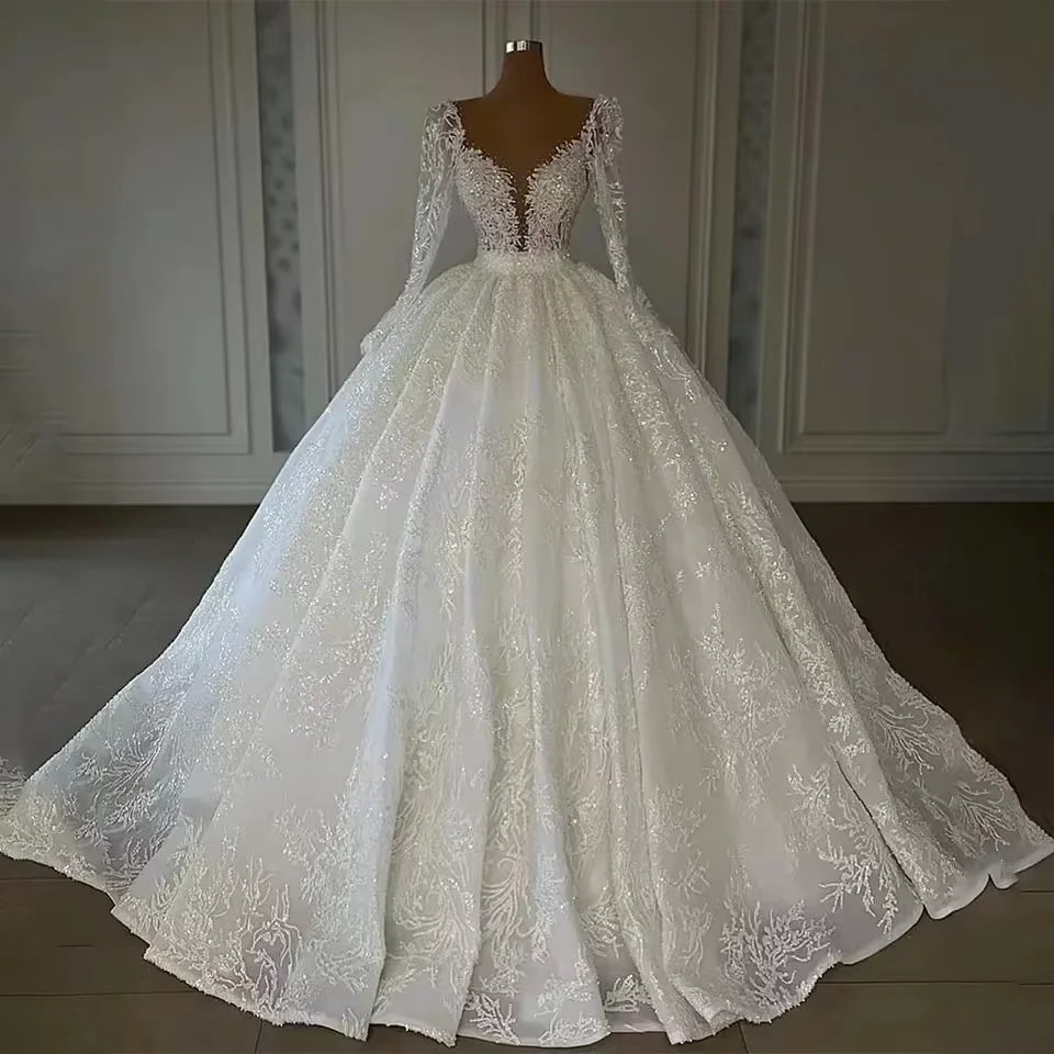 Customized Gorgeous Sexy Deep V-neck Bridal Dress Glitter Sequins Pearls Wedding Gown Appliques Long Bride Robe Vestido De Novia
