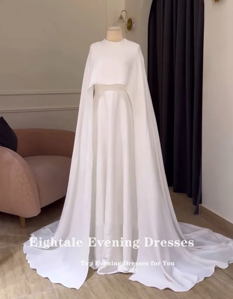 Eightale Arabic Wedding Dresses Long Cap Sleeves A-Line O-Neck Muslim Simple White Ivory Customized Bridal Gowns