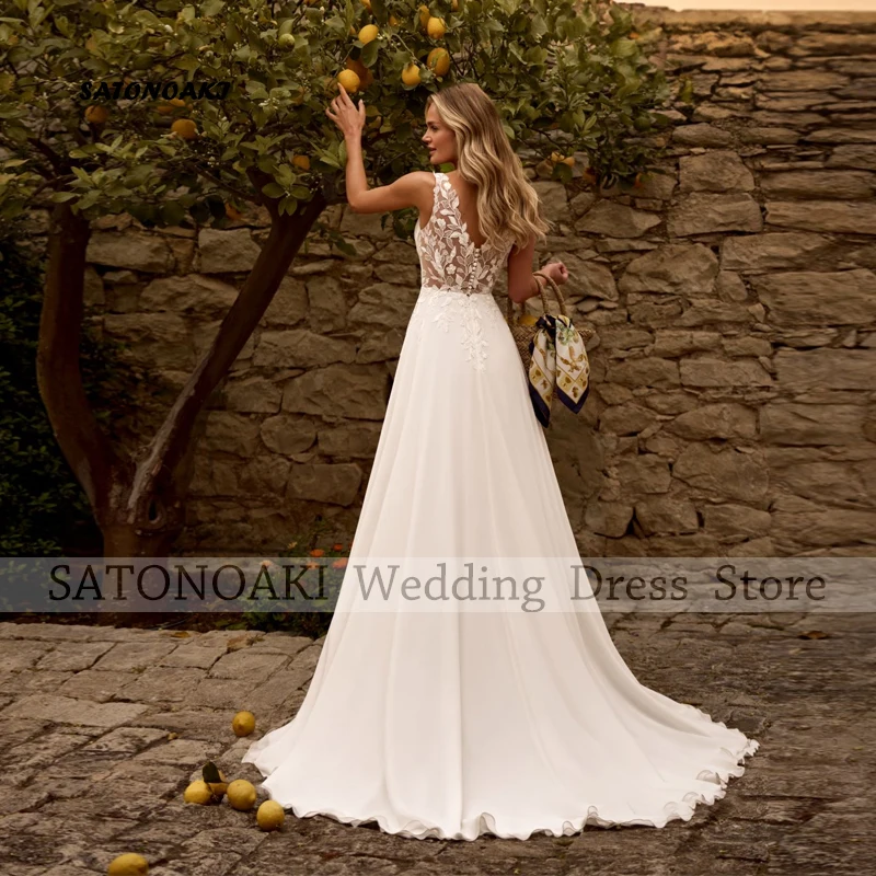 Customized Elegant Simple V-Neck Lace Chiffon Wedding Dress for Women A-Line Sleeveless Appliques Bride Gown Vestidos De Novia
