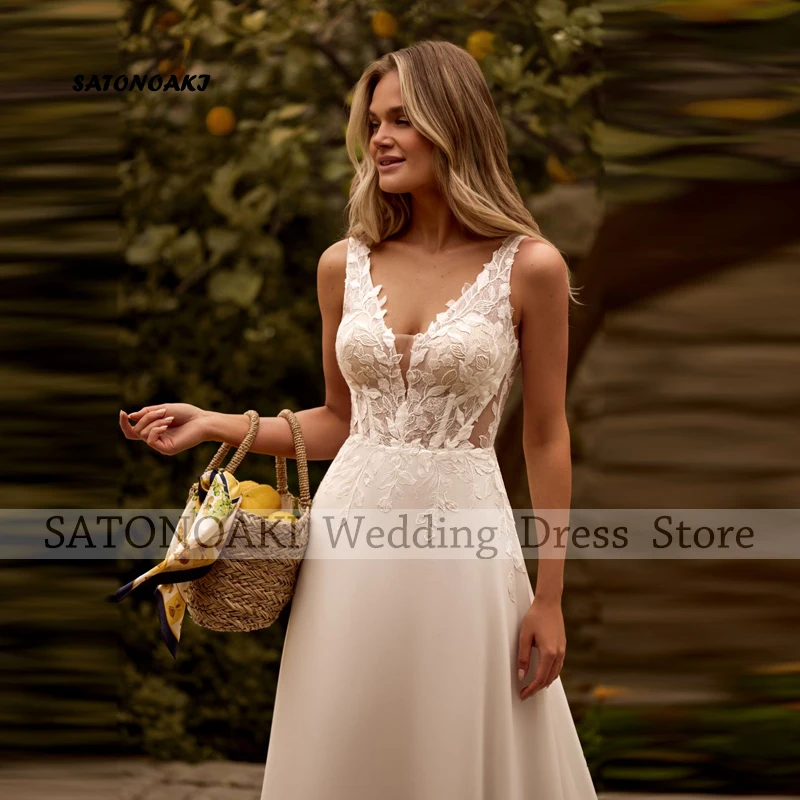 Customized Elegant Simple V-Neck Lace Chiffon Wedding Dress for Women A-Line Sleeveless Appliques Bride Gown Vestidos De Novia