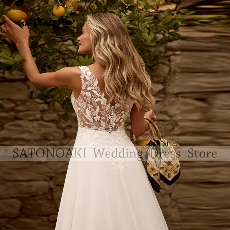 Customized Elegant Simple V-Neck Lace Chiffon Wedding Dress for Women A-Line Sleeveless Appliques Bride Gown Vestidos De Novia