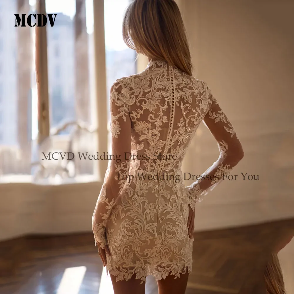 Civil Lace Wedding Dress Appliques High Neck Full Sleeves Mini Bride Gown Above Knee See Througt Customized свадебное платье