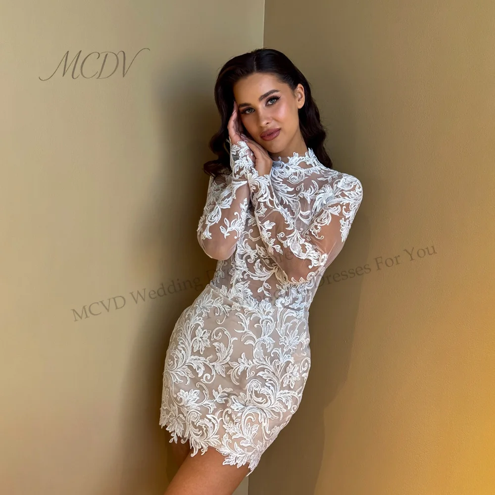 Civil Lace Wedding Dress Appliques High Neck Full Sleeves Mini Bride Gown Above Knee See Througt Customized свадебное платье