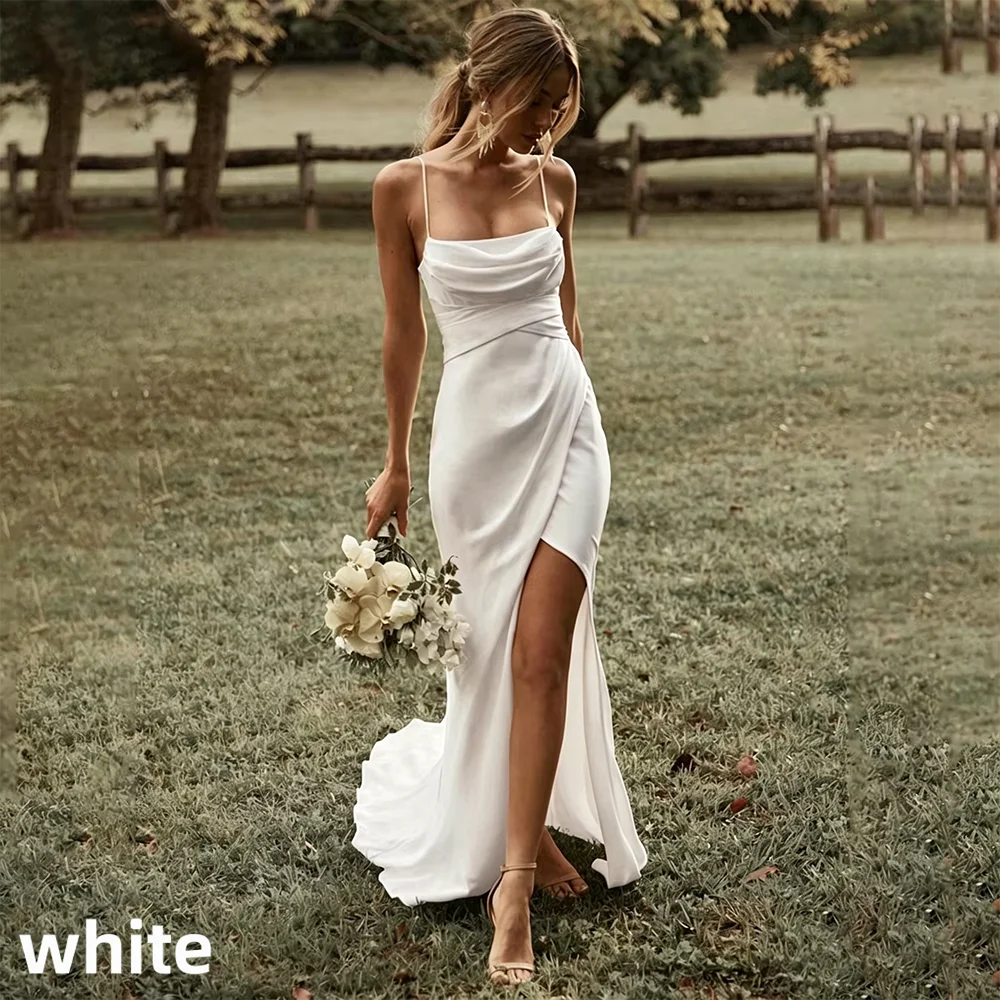 Customized Simple Mermaid White Wedding Dresses Spaghetti Straps High Slit Satin Backless Plain Bridal Gown Sweep Train Vestidos