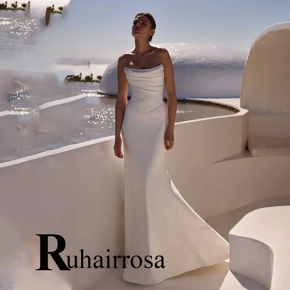 Ruhair Simple Strapless Wedding Dresses Mermaid Button Pleat Sleeveless Sweep Train Bridal Gown Vestido De Noiva Customised