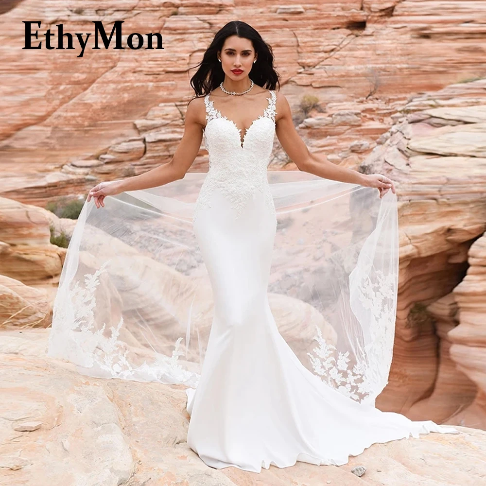Ethymon Vintage Long Sleeves Wedding Dress for Bride V-neck Backless Lace Appliques Vestido De Casamento Customised Plus Size