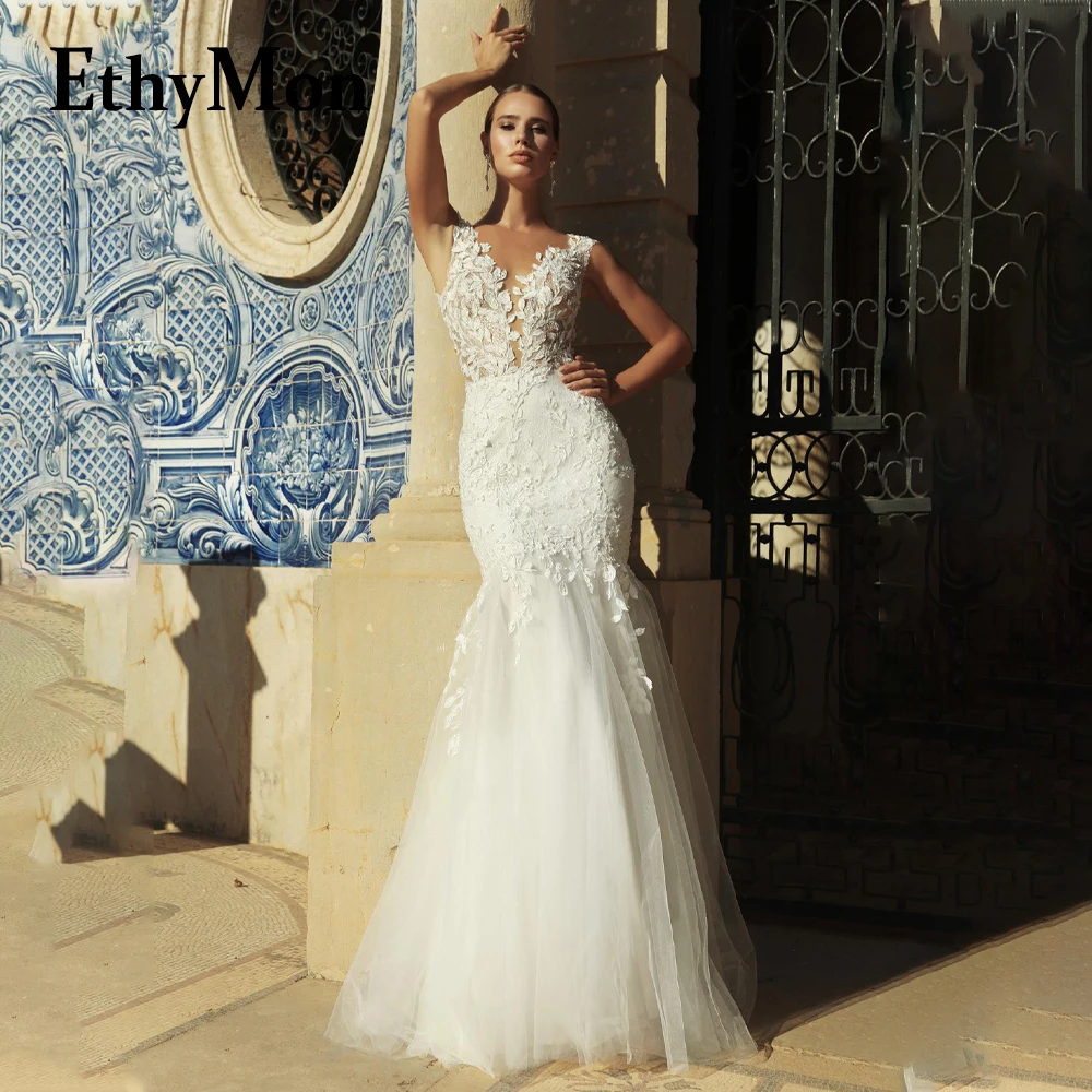 Ethymon Vintage Long Sleeves Wedding Dress for Bride V-neck Backless Lace Appliques Vestido De Casamento Customised Plus Size