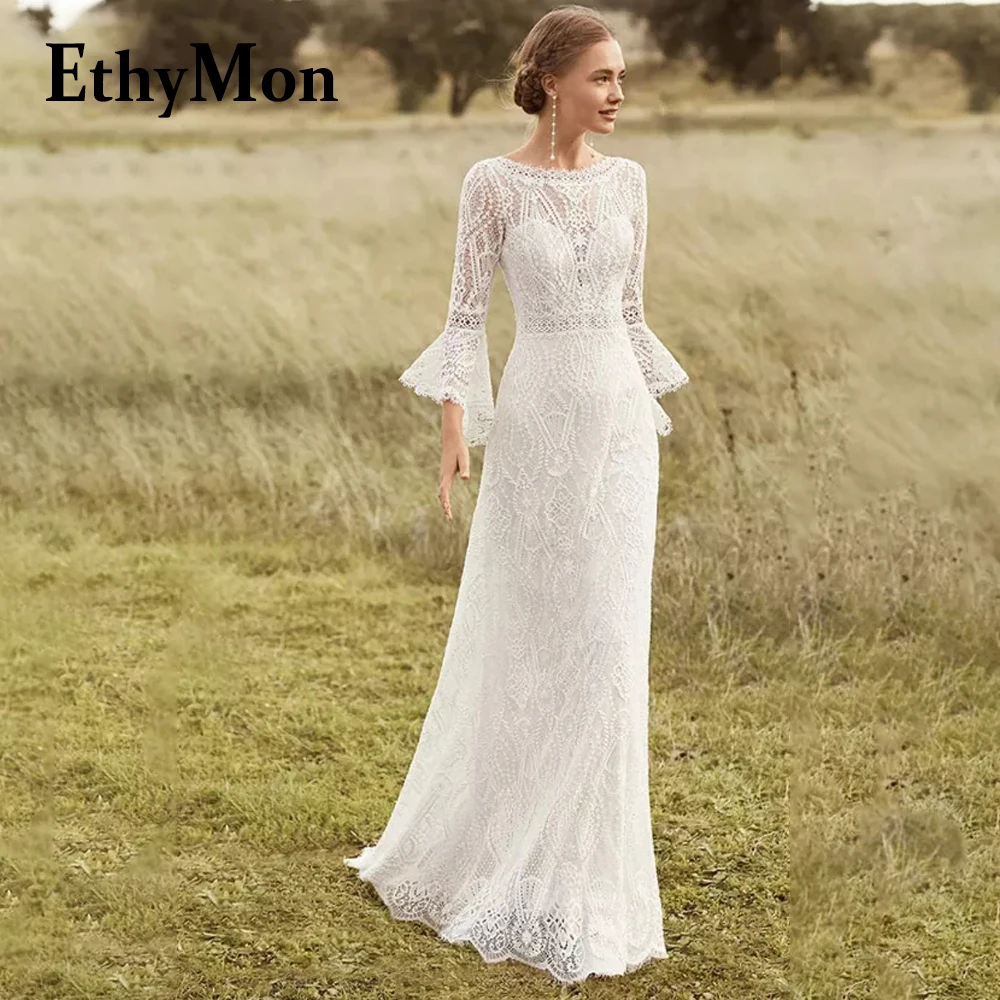 Ethymon Vintage Long Sleeves Wedding Dress for Bride V-neck Backless Lace Appliques Vestido De Casamento Customised Plus Size