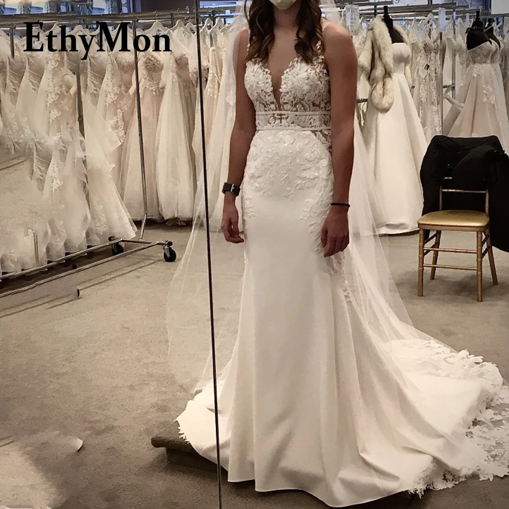 Ethymon Vintage Long Sleeves Wedding Dress for Bride V-neck Backless Lace Appliques Vestido De Casamento Customised Plus Size