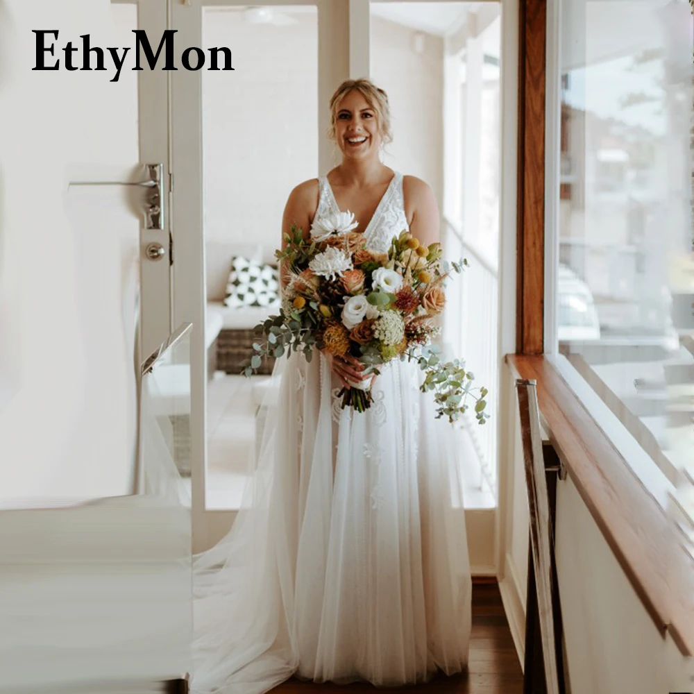 Ethymon Vintage Long Sleeves Wedding Dress for Bride V-neck Backless Lace Appliques Vestido De Casamento Customised Plus Size