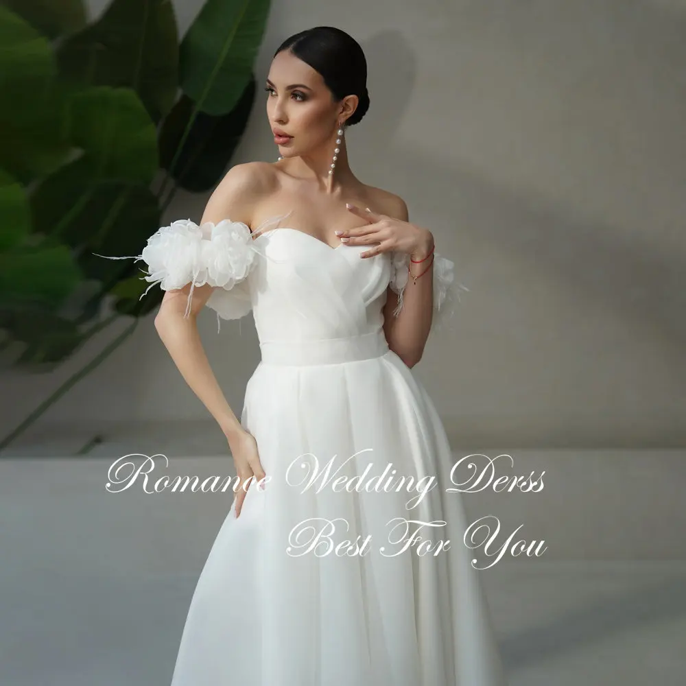 Princess Pleat Sweetheart Flowers A-Line Wedding Dress Women Off The Shoulder Backless Bridal Gown Vestidos De Novia Customized