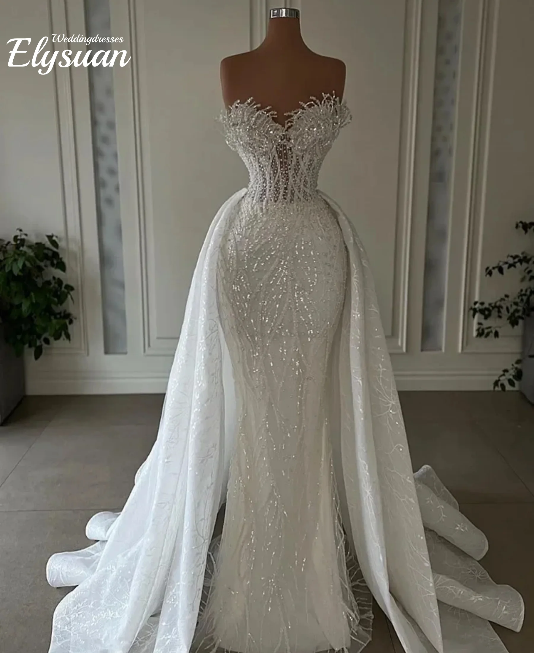 Customized Luxurious Mermaid Wedding Dresses Bride Strapless Heavy Beaded Lace 2 In 1 Detachable Overskirts Bridal Gown Vestid