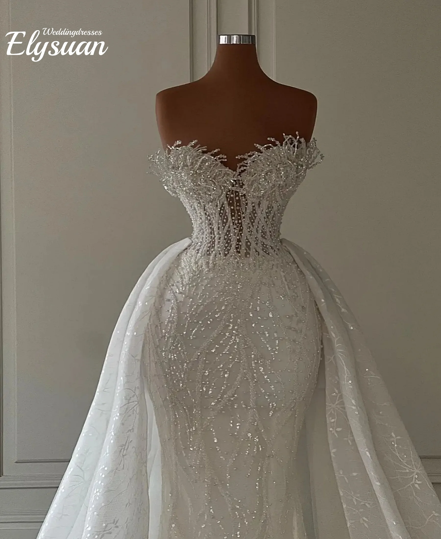 Customized Luxurious Mermaid Wedding Dresses Bride Strapless Heavy Beaded Lace 2 In 1 Detachable Overskirts Bridal Gown Vestid