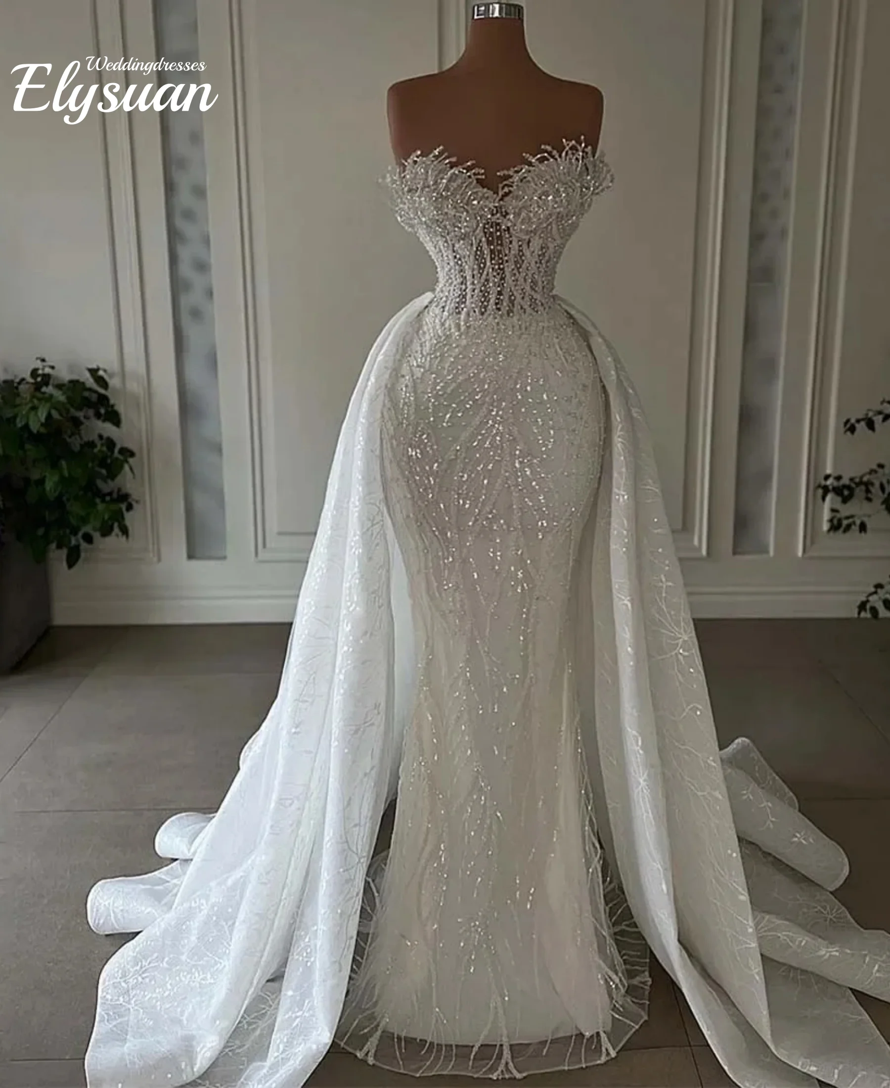 Customized Luxurious Mermaid Wedding Dresses Bride Strapless Heavy Beaded Lace 2 In 1 Detachable Overskirts Bridal Gown Vestid