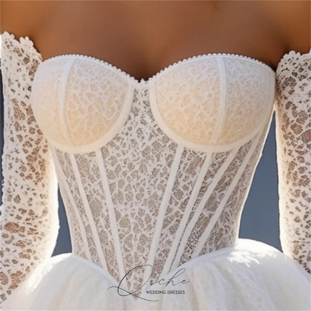 QICHE Elegant Short Lace A-Line Wedding Dress Women Strapless Off The Shoulder Pleat Customized свадебное платье