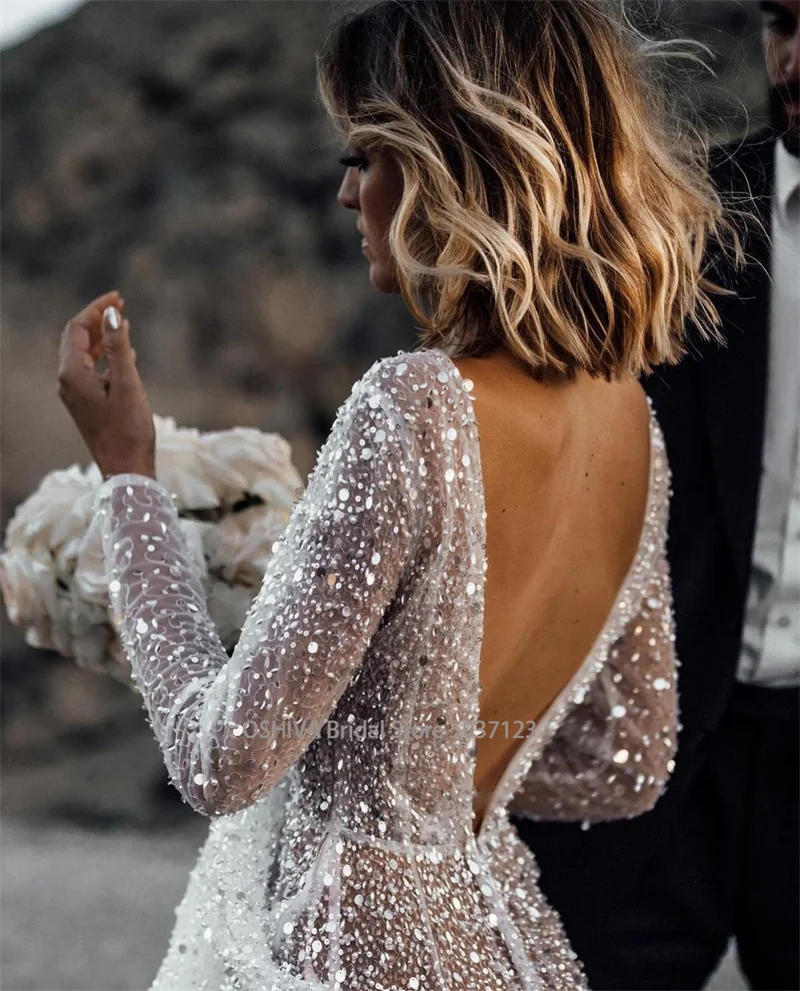 Mordern V- Neck Sequins Wedding Dresses Long Sleeves Floor Length Backless Bridal Gowns Robe De Marié