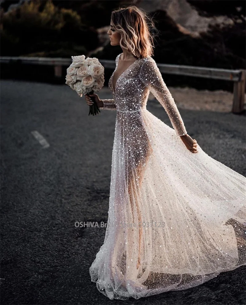 Mordern V- Neck Sequins Wedding Dresses Long Sleeves Floor Length Backless Bridal Gowns Robe De Marié