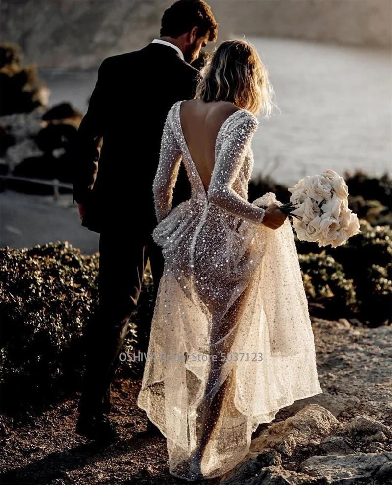 Mordern V- Neck Sequins Wedding Dresses Long Sleeves Floor Length Backless Bridal Gowns Robe De Marié