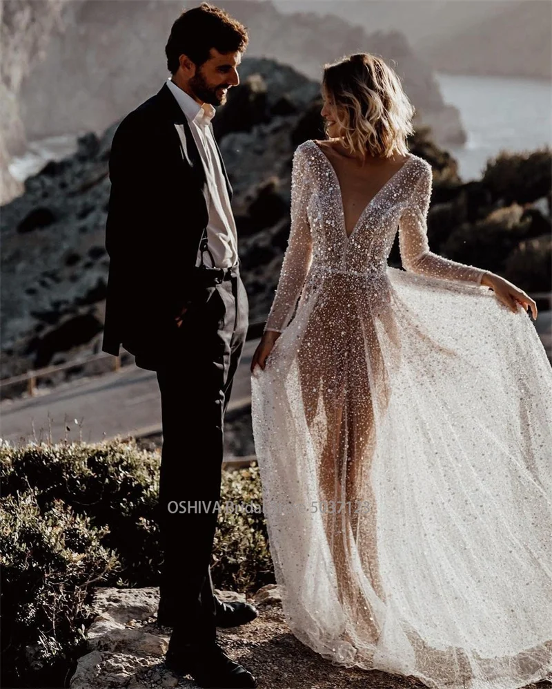 Mordern V- Neck Sequins Wedding Dresses Long Sleeves Floor Length Backless Bridal Gowns Robe De Marié