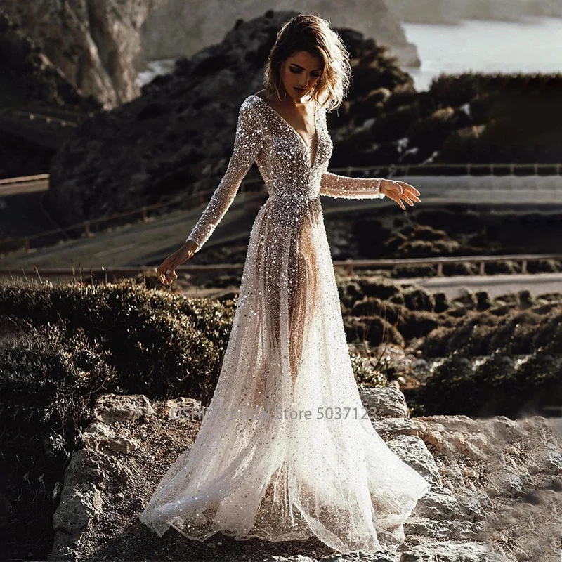 Mordern V- Neck Sequins Wedding Dresses Long Sleeves Floor Length Backless Bridal Gowns Robe De Marié