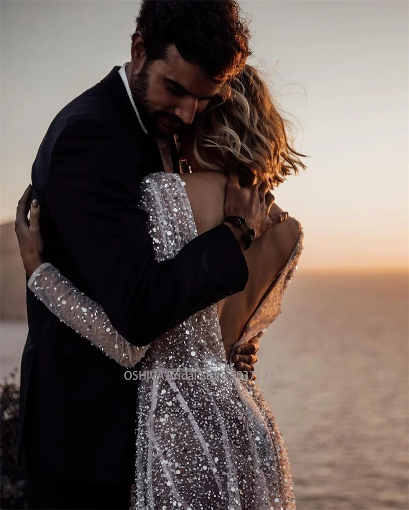 Mordern V- Neck Sequins Wedding Dresses Long Sleeves Floor Length Backless Bridal Gowns Robe De Marié
